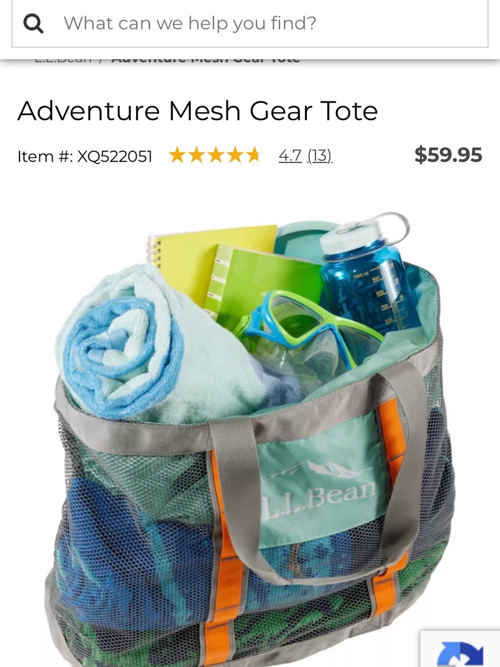 L.L. Bean Mint Green Mesh Gear Tote with Orange Accents
